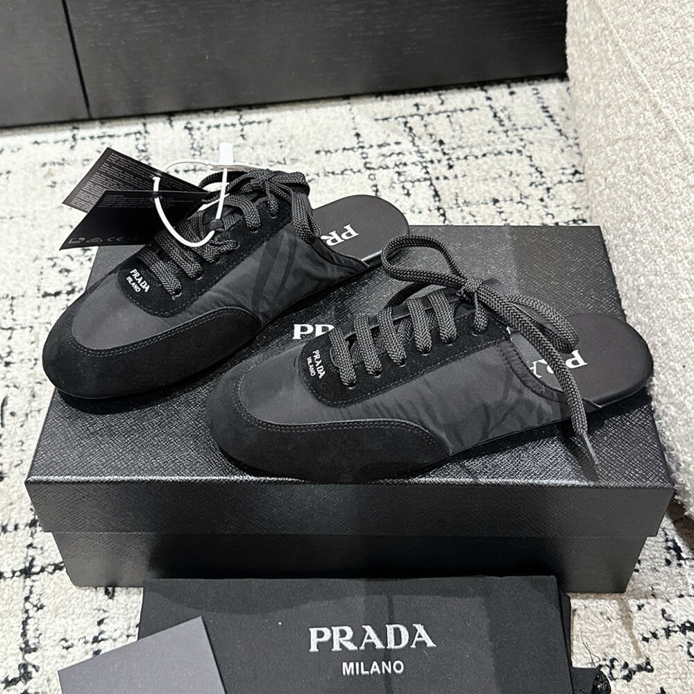 PRADA Collapse Re-Nylon and suede mules