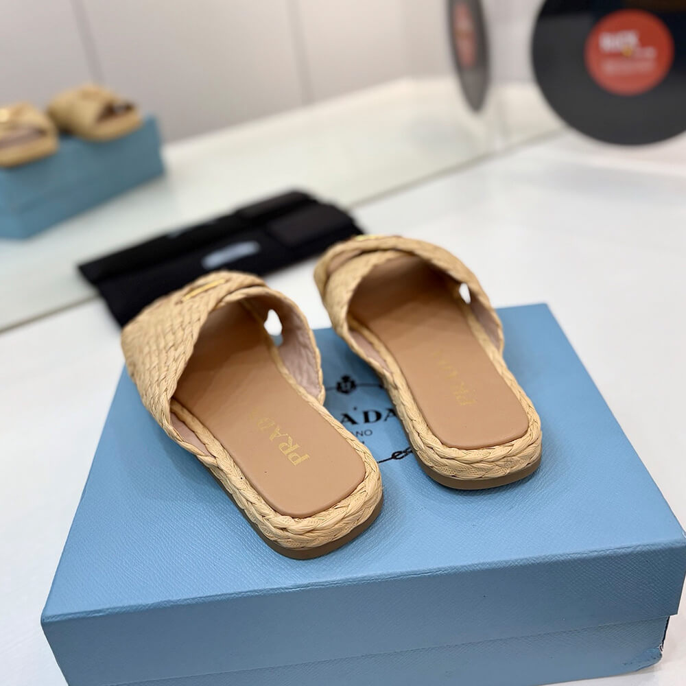 Prada Raffia crisscross slides